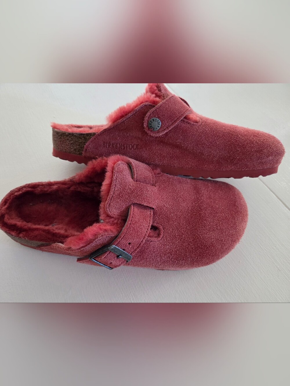 Birkenstock Boston Shearling Clogs Red Maroon Suede Leather Size 41/ W10 M8 EUC